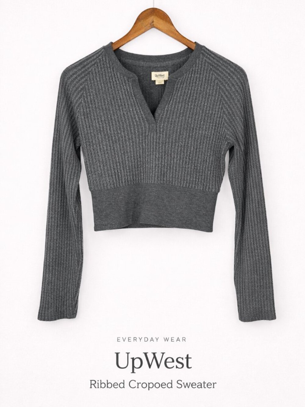 UpWest Ribbed Cropped Sweater Gray V Neck Long Sleeve Top S